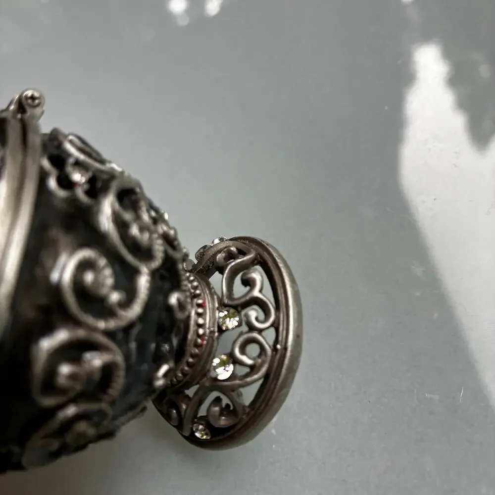 Vintage Jeweled Egg Trinket Box Hinged Pewter Rhinestone Decorative Keepsake